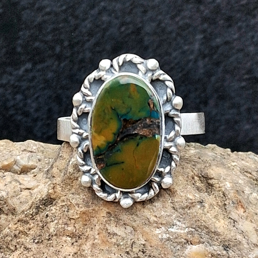 Green Turquoise Ring Sterling Silver Adj 5.5-8 Boulder Matrix Southwestern